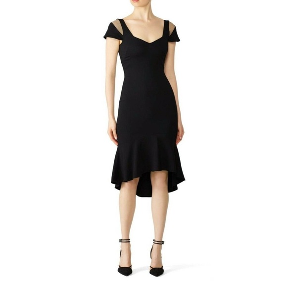 Parker Grace Dress Midi Cap Mesh Sleeve Ruffle Hem Black Size 6 Crepe Cocktail - Picture 3 of 14
